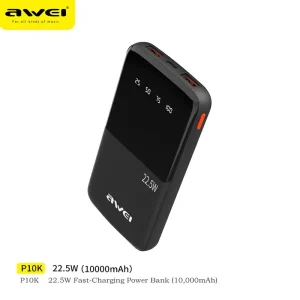 Awei P10K 3 in 1 10000mAh With 2USB &1 Type C Outputs 22.5W Fast charge Portable Power Bank