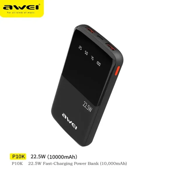 Awei P10K 3 in 1 10000mAh With 2USB &1 Type C Outputs 22.5W Fast charge Portable Power Bank