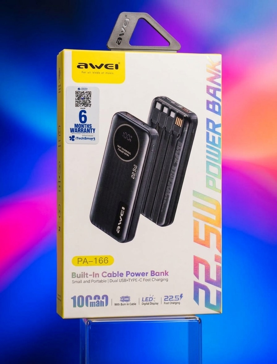 Awei PA-166 10000mAh Built-in Cable 22.5W Power Bank